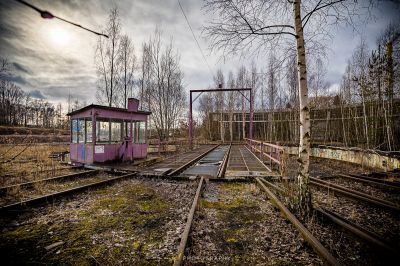 Ein Zugauto, das auf den Gleisen in einem bewaldeten Bereich sitzt