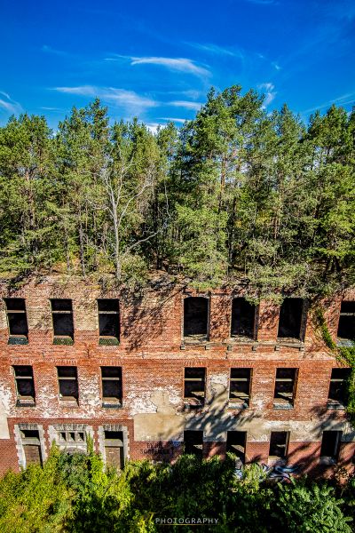 Ein Gebäude mit vielen Fenstern und Bäumen