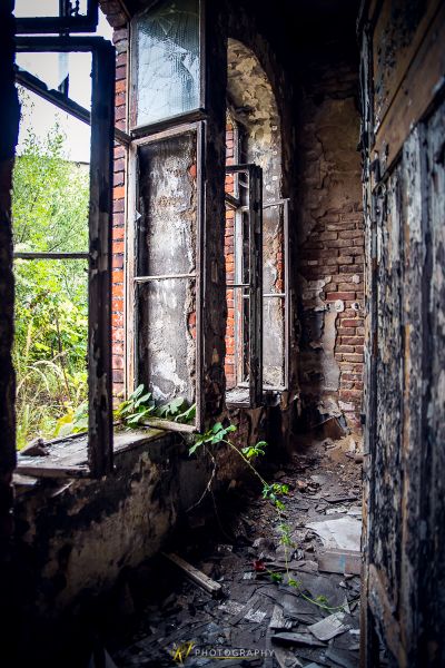 Ein zerbrochenes Fenster in einem alten Gebäude