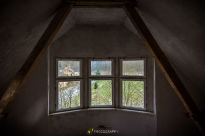 Ein Fenster in einem Raum mit Blick auf den Wald