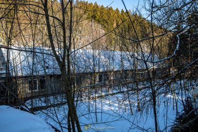 Ein Haus im Wald mit Schnee auf dem Boden