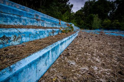 Eine blaue Bank, die auf einem Holzhaufen sitzt