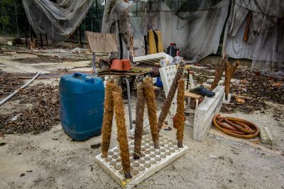 Ein Haufen von Junks und anderen Gegenständen auf einem schmutzigen Boden