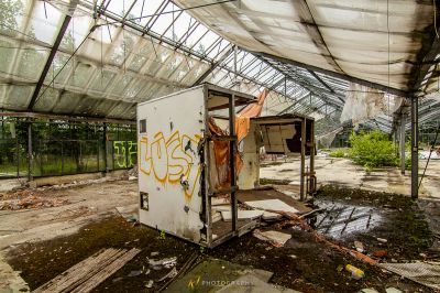 Ein weißer Kühlschrank sitzt in einem Raum mit Graffiti an den Wänden