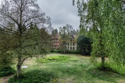 Ein Feld mit einem Haus im Hintergrund