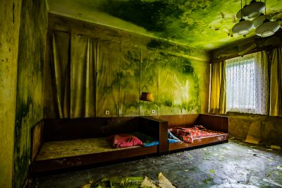 Ein Zimmer mit einem Bett und einem Deckenventilator