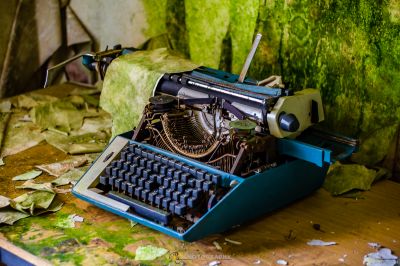 Eine Schreibmaschine, die auf einem Tisch sitzt, an dem Moos an der Wand wächst