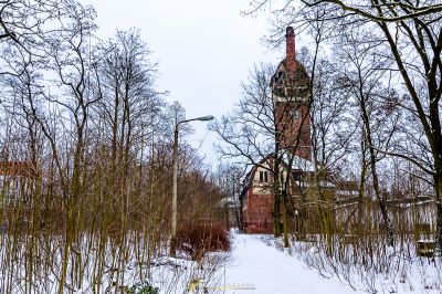 Ein verschneiter Pfad mit einem Uhrturm im Hintergrund