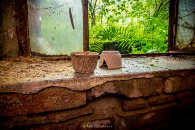 Eine Tasse, die auf einer Kante in einem Fenster sitzt