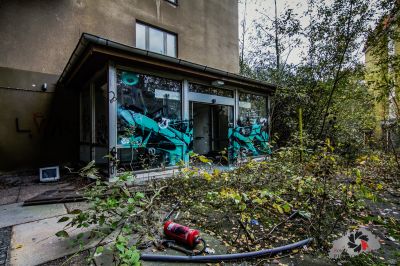 Ein zerbrochenes Fenster mit einem gebrochenen roten Feuer Hydra