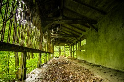 Eine hölzerne Struktur mit einem Metallgeländer