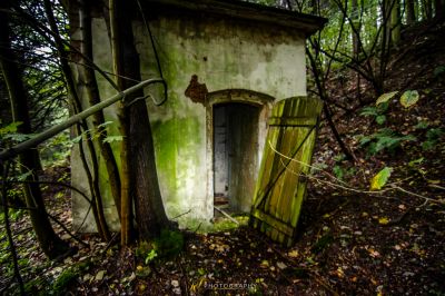 Ein kleines Gebäude im Wald