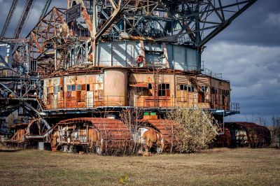 Ein verrosteter Zugwagen sitzt in einem Feld