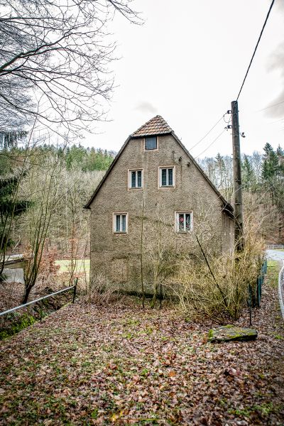 Ein Haus mit einem Baum im Hof