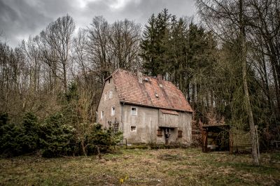 Ein Haus im Wald mit einem roten Dach